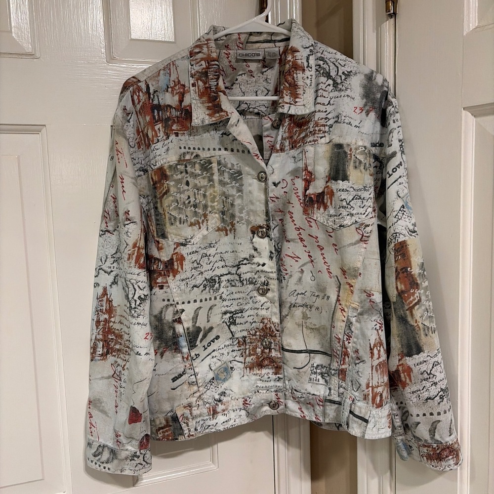 Chico's Womens Script Print Trucker Jacket White Multi 2 Large Linen Cotton